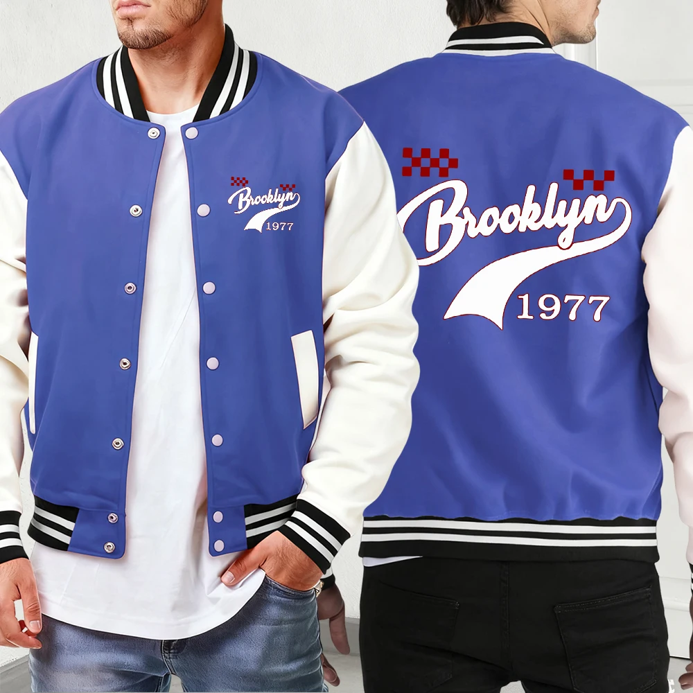 

Brooklyn 1977 Creative Print Jackets Men Soft Vintage Streetwear Casual Autumn Winter Menswear Basics Comfy Baseball Uniform