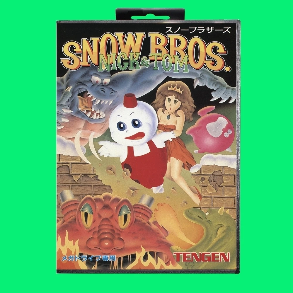 Cartucho de juego Snow Bros, tarjeta de juego MD de 16 bits con cubierta JP, caja al por menor para Sega Mega Drive