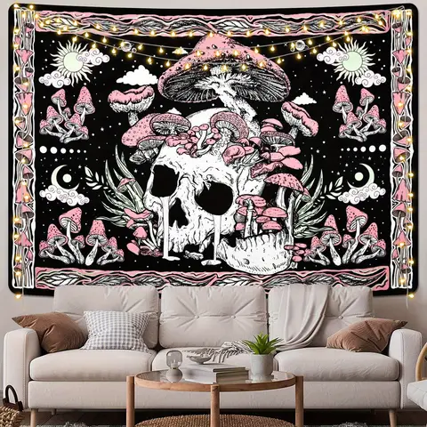 VIKAMA Bohemian Skull Mushroom Tapestry Living Room Wall Hanging Feature Wall Unique Bedroom & Living Room Decor