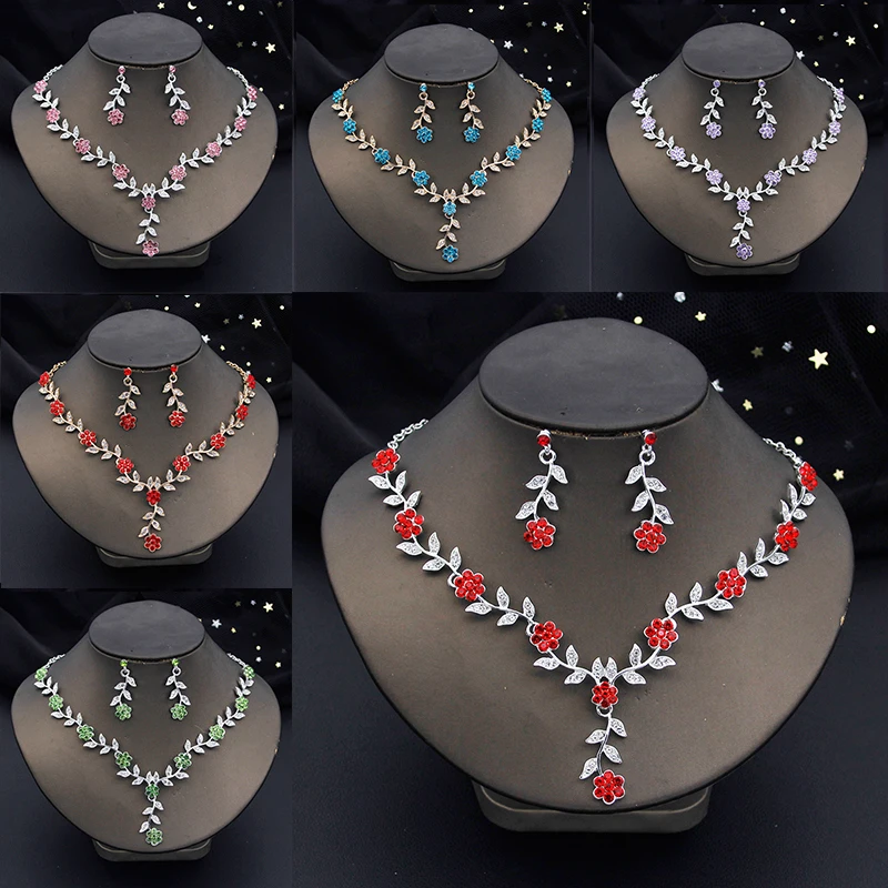 Luxury Rhinestone Bride Jewelry Sets for Women Flower Choker Necklace Earrings Wedding Dress Bridal Necklace Sets Fashion