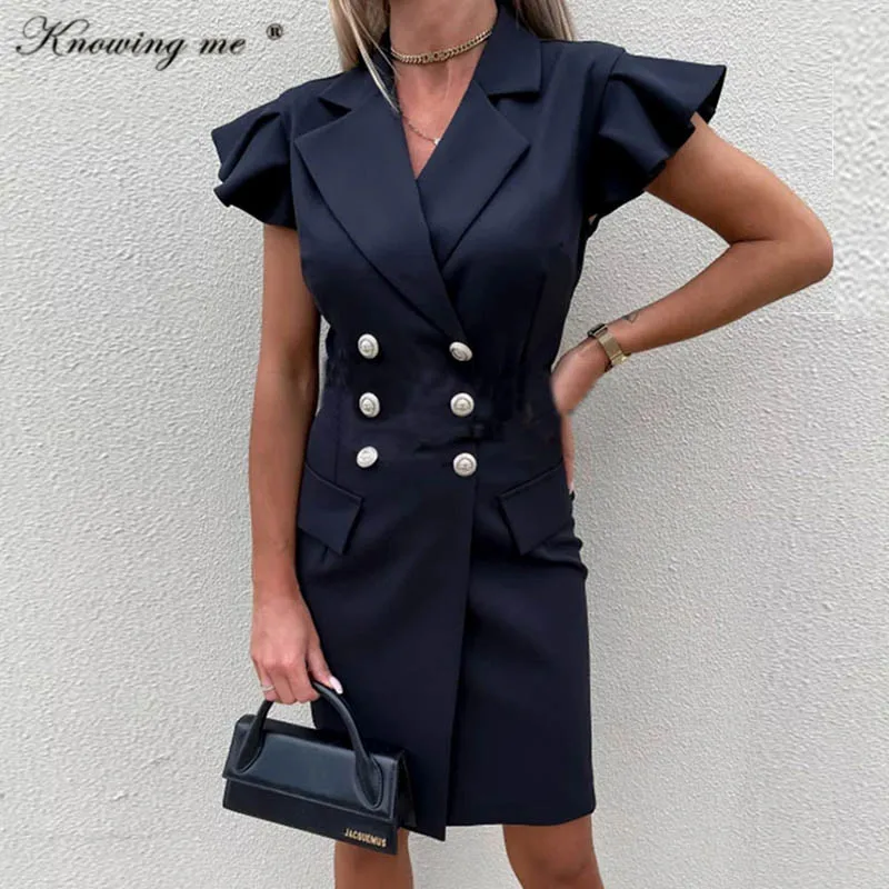 Women Elegant ruffle sleeve blazer dress office Lady 2022 Summer Double Breasted Notched Collar Solid Color Mini Blazer dress