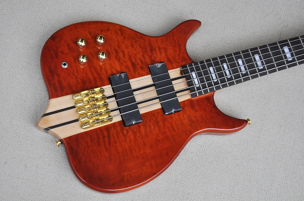 Left Handed 5 Strings Neck-thru-body Electric Bass Guitar with Quilted Maple Veneer,Rosewood Fretboard,24 Frets