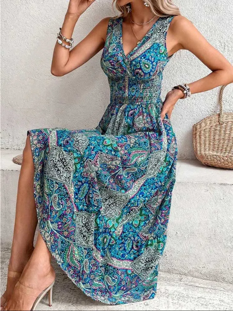 Moda senza maniche Maxi abito Boho donna 2024 estate stampa elastico in vita bohémien elegante canotta abiti lunghi per le donne Robe Femme