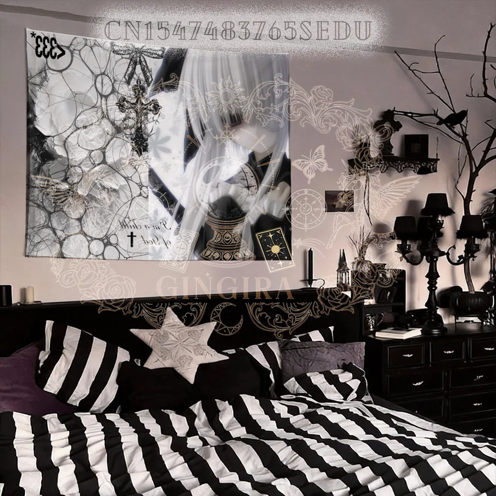 ゴシック アニメ Mystical Anime Girl Tapestry, Gothic Cross Tarot Print Wall Hanging, Witchcraft Room Decor for Student Dorm