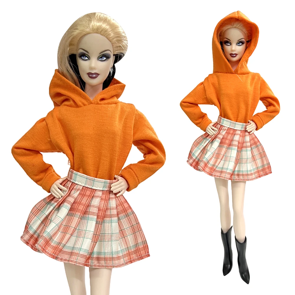 NK 1 Set 30CM Princess Fashion Orange Hoodie Plaid A-line Skirt Casual Autumn Doll Clothes For Barbie Doll Accessories Gift Toy