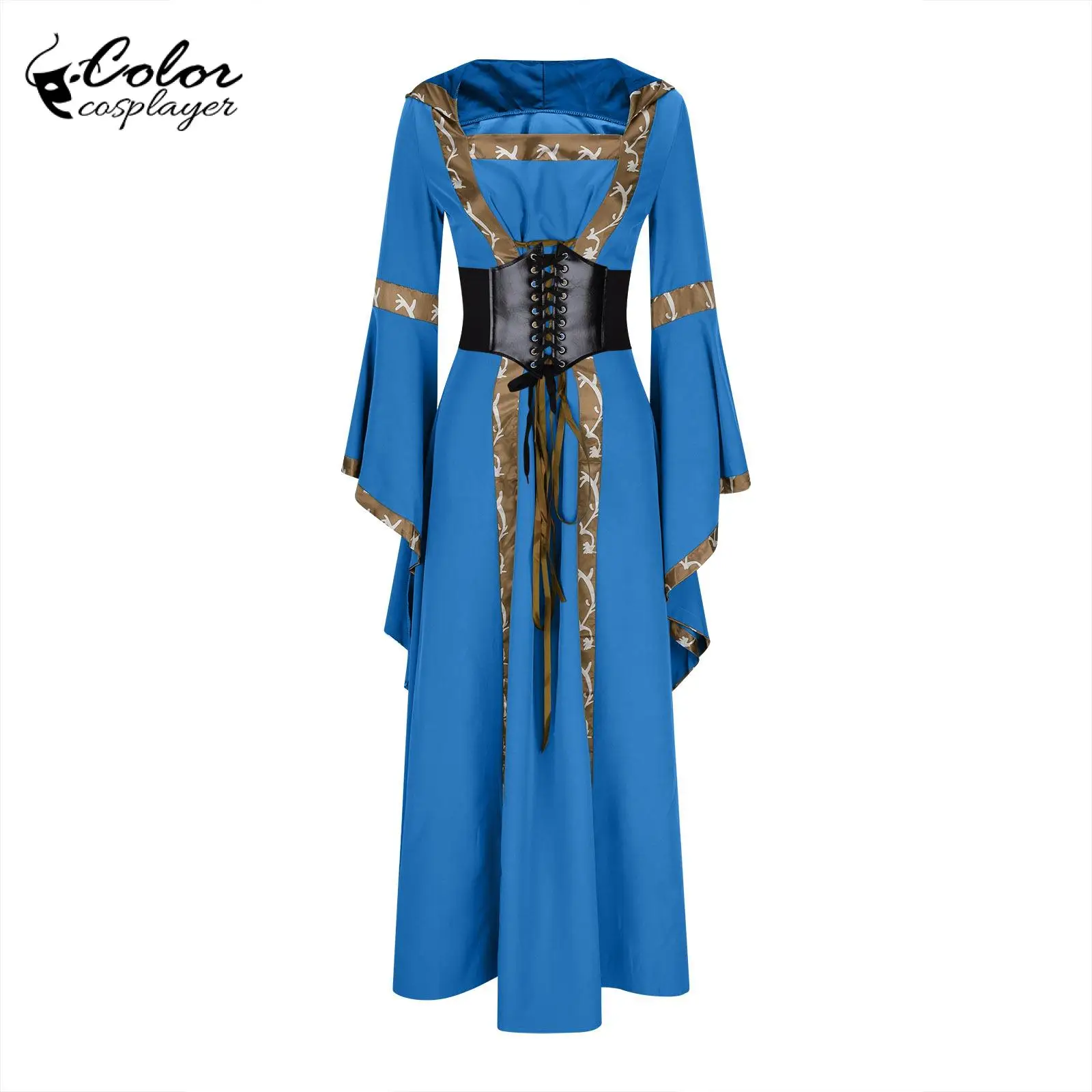 Color Cosplayer Blue Hooded Dress for Women Medieval Long Dresses Princess Cosplay Costume Festival Lady European Clothes