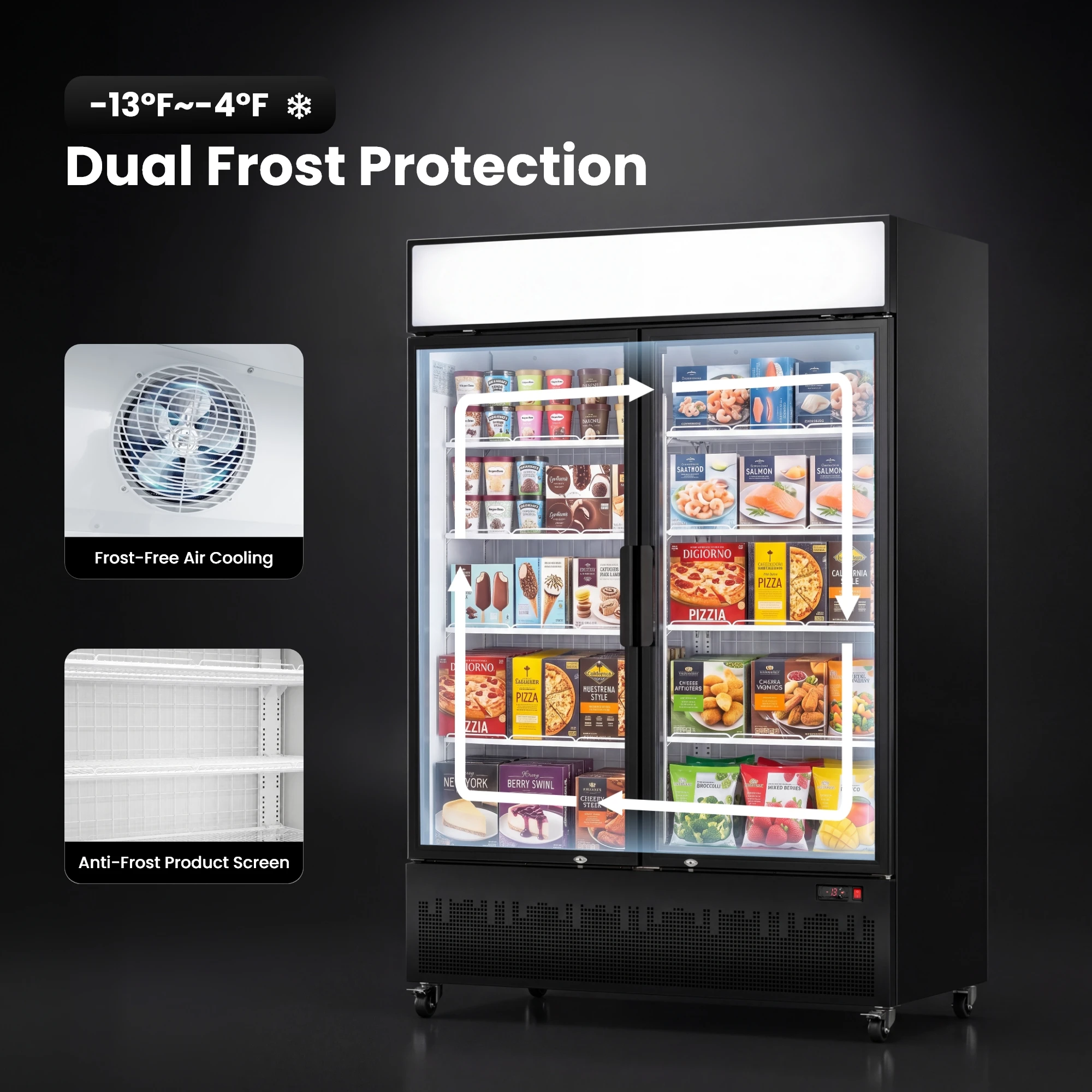 Yeego Display Freezer With Lightbox 41.8 Cu.ft 1186L Stand-alone Commercial Self-closing Door Freezer For Storing Ice Cream/Cake/Meat/Seafood Etc
