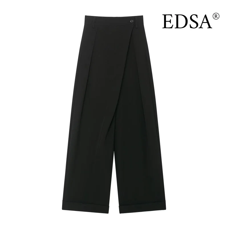 EDSA Women Black Asymmetric Waist Trousers Mid-rise Belt Loops Side Pockets for Office Lady Long Pants