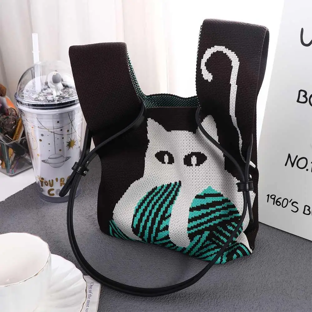 Trend ige Sommer bindung Katze Cartoon große Kapazität Kosmetik tasche Aufbewahrung tasche Strickt asche Frauen Handtasche Handgelenk Tasche Umhängetasche