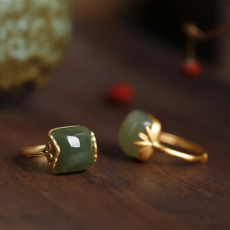 Vintage Accessories for Women Gold Plated Imitation Green Stone Rings for Women Adjustable Ring Nephrite Wedding Jewelry Gift