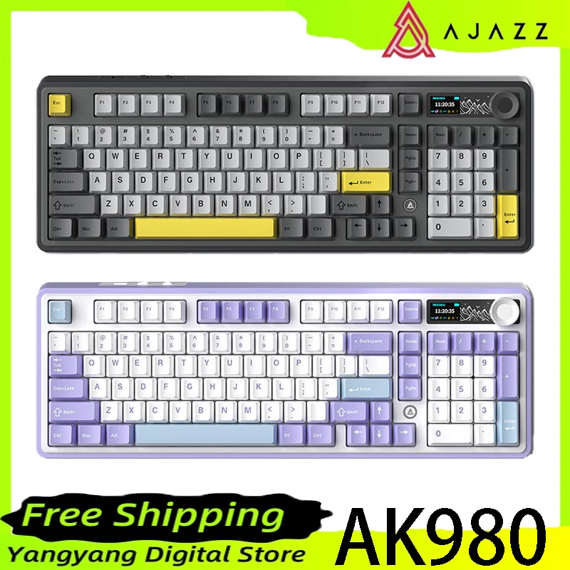 AJAZZ AK980 Mechanical Keyboard Multi-function Knob GASKET Structure Color Screen Wireless Gaming Keyboard PC Gamer Accessories