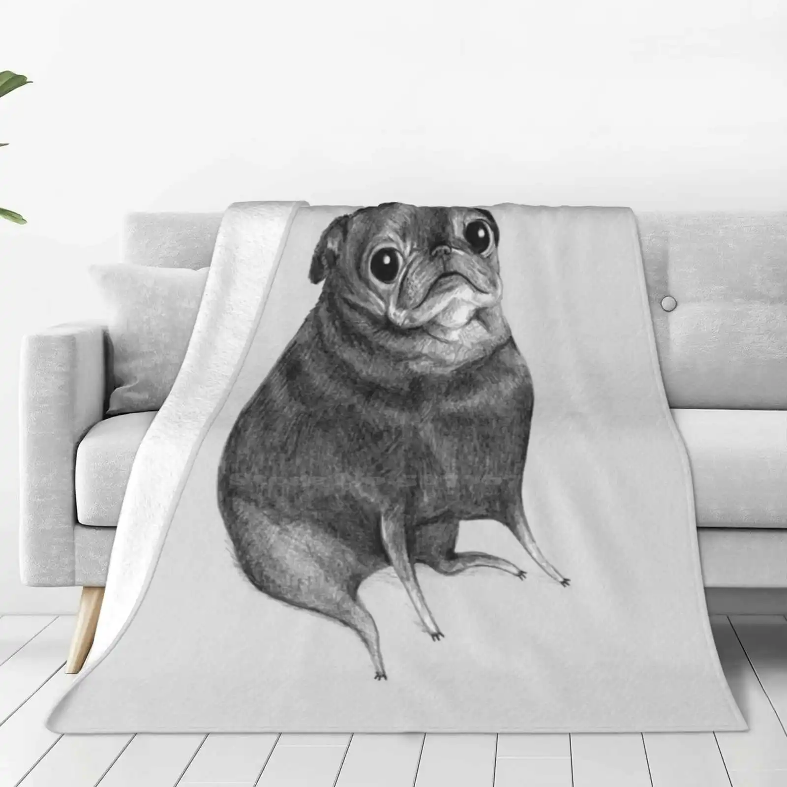 Sweet Black Pug Blanket Soft Warm Travel Portable Blanket Sweet Black Pugs Cute Kawaii Illustrated Pencil Awesome Skinny Plump