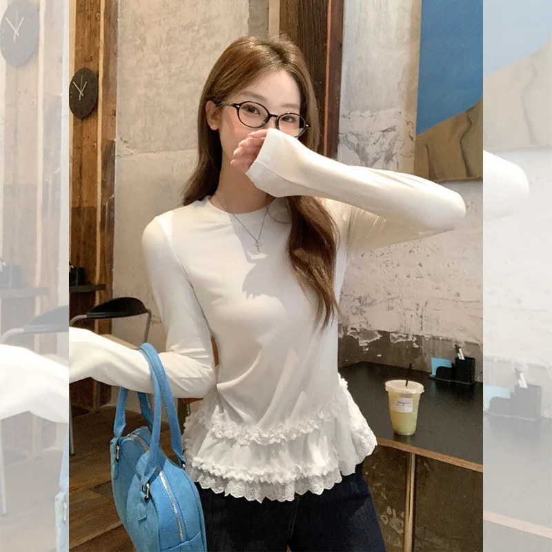 

Super Beautiful Double-Layer Lace Ruffled Design Round Neck Long Sleeve T-Shirt for Women Summer Layering Slimming Elegant Top