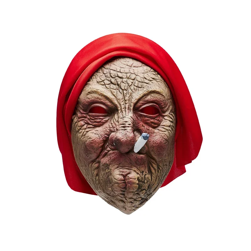 Unisex Halloween Horror Mask Latex Smoking Granny Shaped Head Cover Scary Head Facewear Masquerade Party Cosplay Props