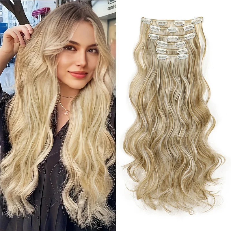 WIGSIN 24Inch Synthetic 6Pcs/Set Long Wave Curly Hair Piece16 Clips Clip On Hair Extension Blonde Brown for Women