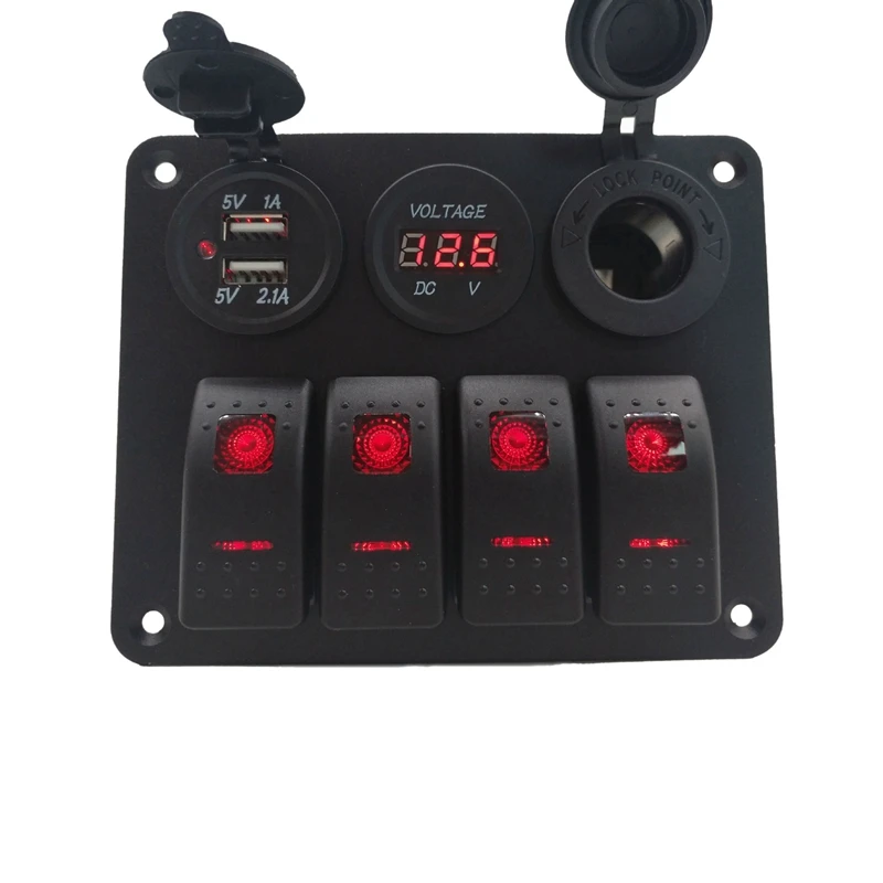 4 Gang 12-24V Rocker Switch Panel With 3.1A Dual USB Charger Digital Voltmeter Waterproof For Car Marine Boat Yacht