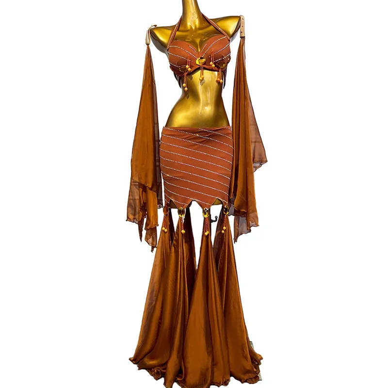 set di gonna lunga con nappa per reggiseno con stampa a caldo in chiffon di cotone romano color caramello da donna