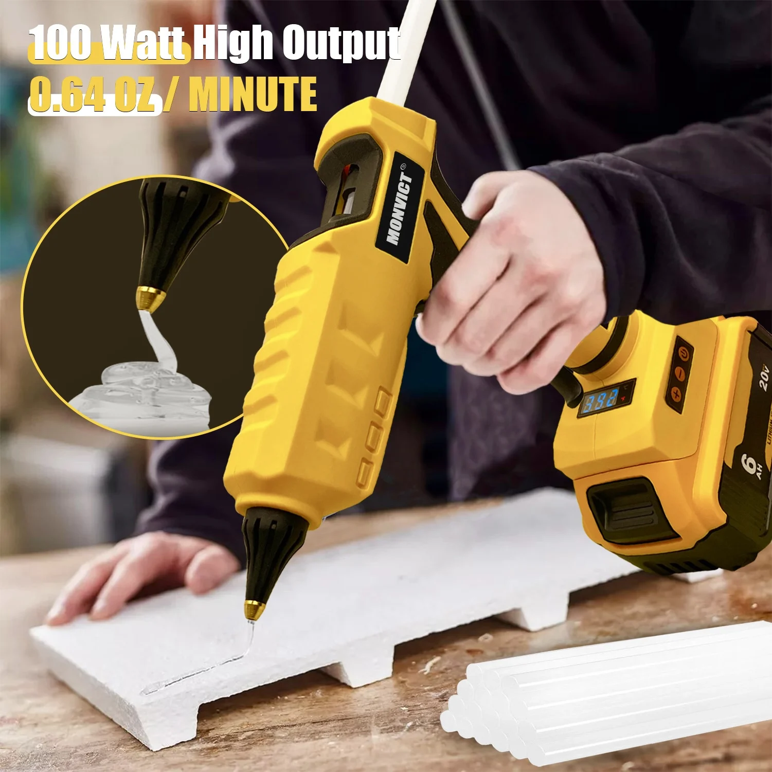 Cordless Glue Gun for Dewalt 20V Battery, Upgraded 100W Digital Temperature Adjustable Full Size Heavy Duty with 10 Glue Sticks