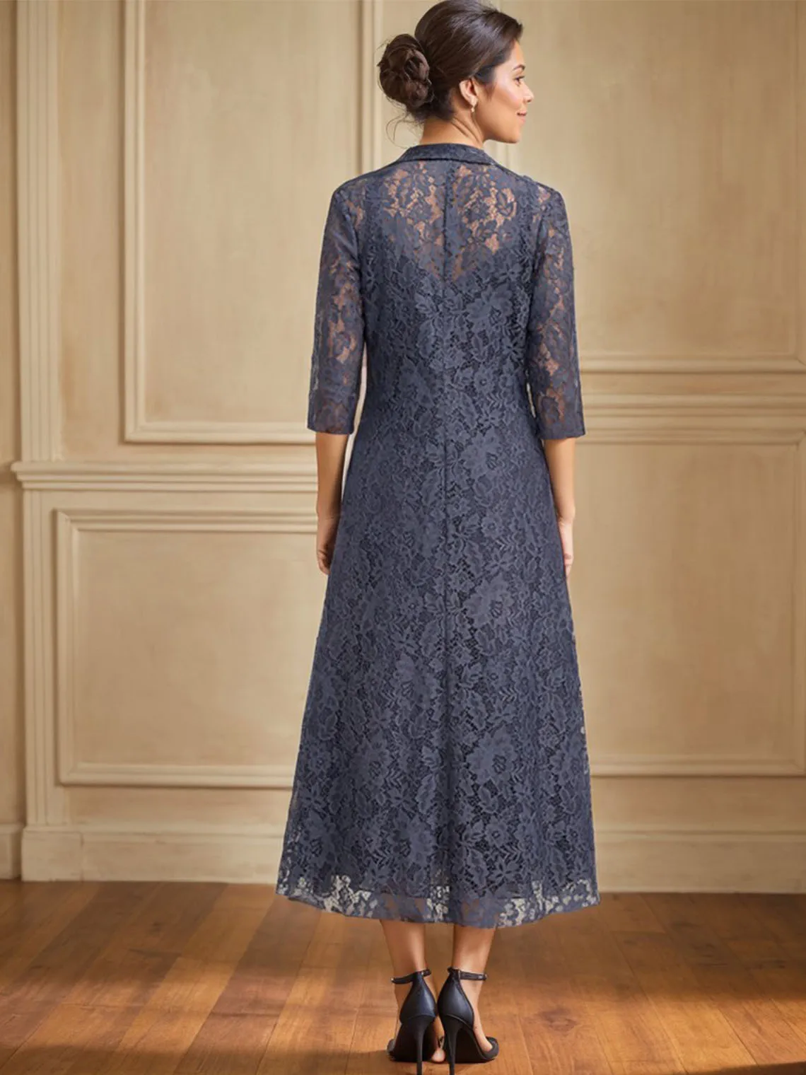 Moda a linha mãe da noiva vestido chiffon renda decote em v manga 3/4 chá-comprimento em camadas vestido de noite 2025 personalizado gratuito