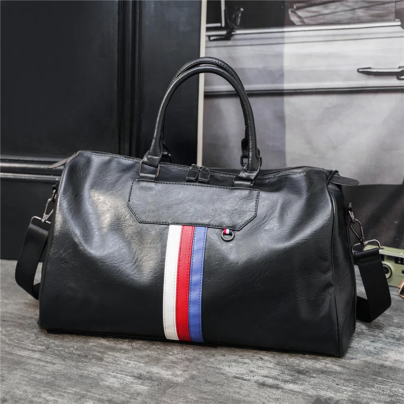 Large Capacity High Quality Leather Men's Sports Fitness Luggage Bag 3 Color Striped Design Multifunctional Weekend Travel Bag