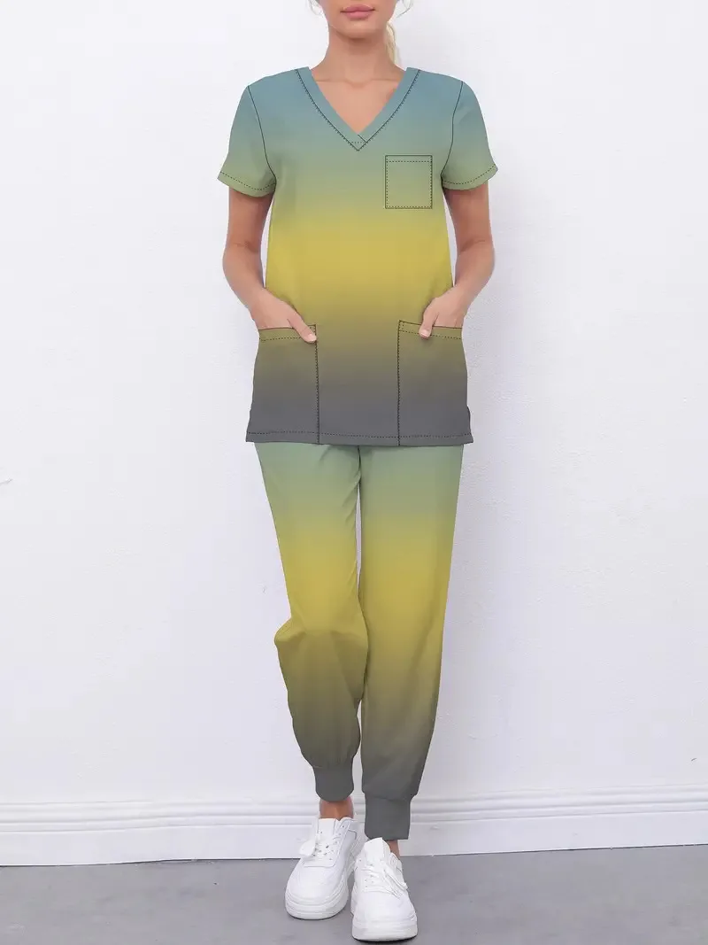 Terno de lavar roupa gradiente para as mãos feminino, manga curta, avental cirúrgico pediátrico, uniforme de enfermeira hospitalar e doutor, nova moda