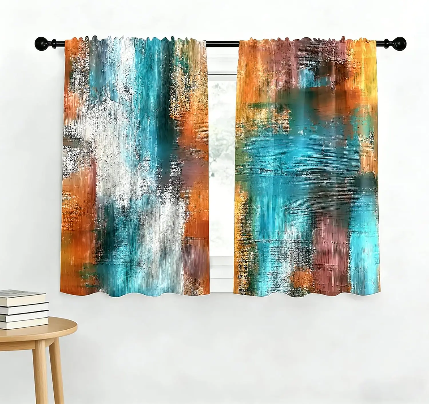 Abstract Watercolor Curtain Pair 2pcs Blue Teal Orange Artistic Window Drapes Modern Living Room Home Decor