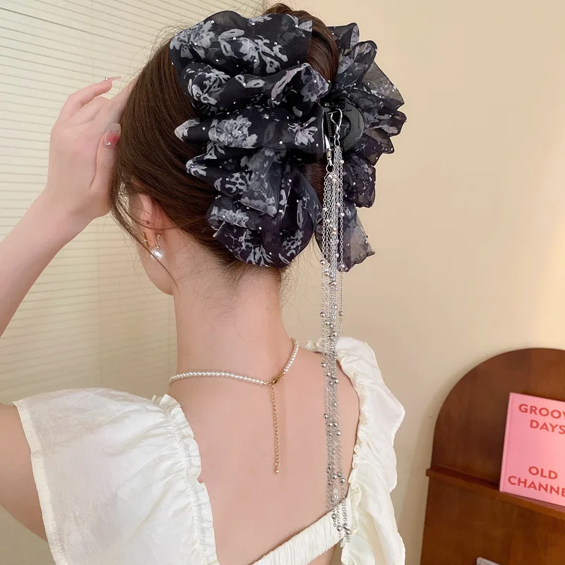 Pinza de pelo de malla multicapa para mujer, horquilla de agarre de borla de pajarita, pinza de pelo de tiburón, accesorios para el cabello para niña