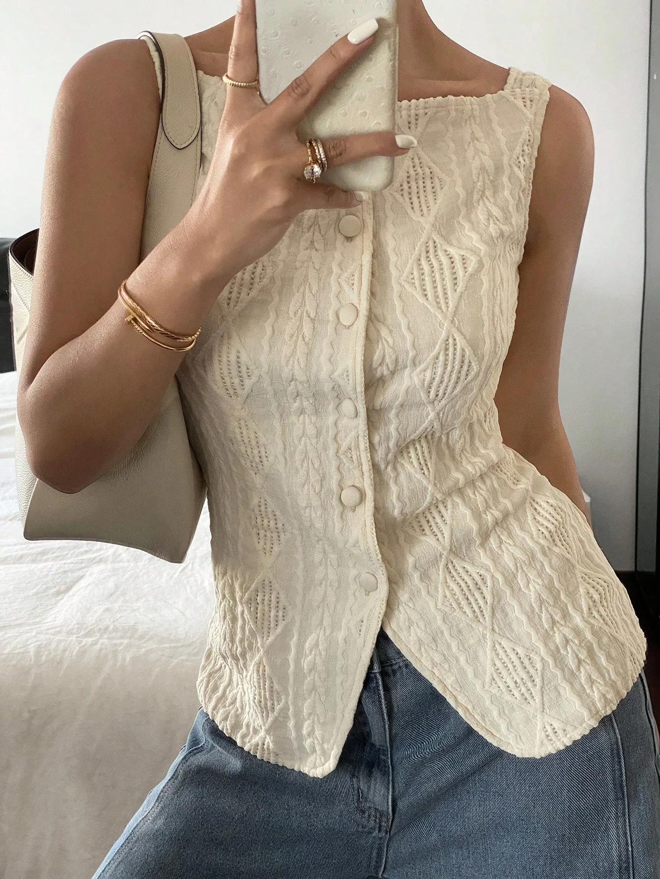 Women's summer sleeveless geometric texture single breasted casual shirt image 5