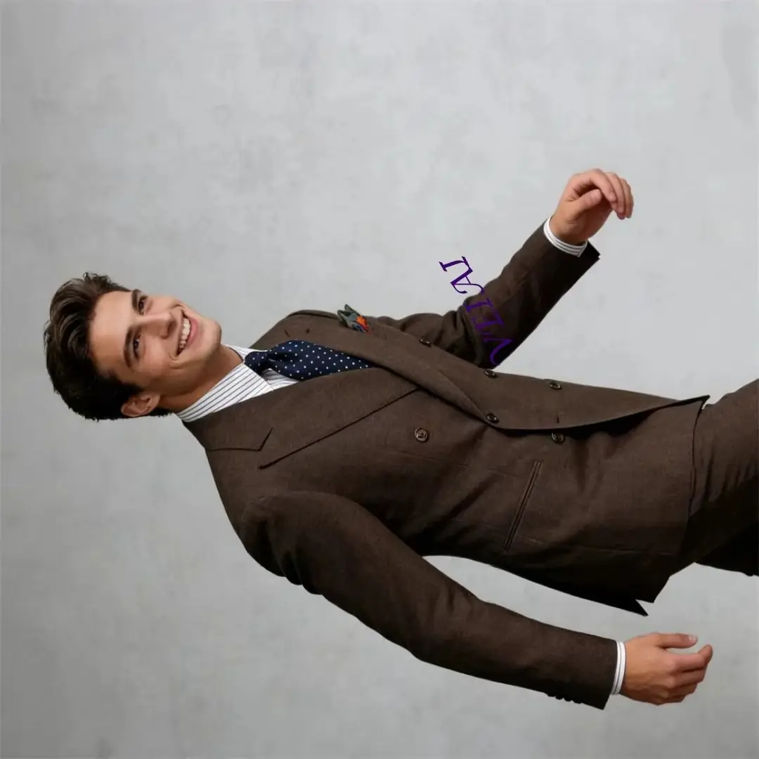 

Customized Double Breasted Coffee Suit Set for Men Slim Fit 2 Pieces Formal Business Banquet Tuxedo Jacket Pants