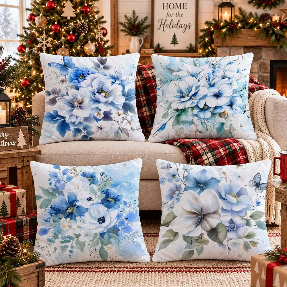 Azure Floral Verse Cushion Cover 1/4PCS Short Plush Pillow Cover Set Soft Decorative Cushion Case for Sofa Bed Home Decor