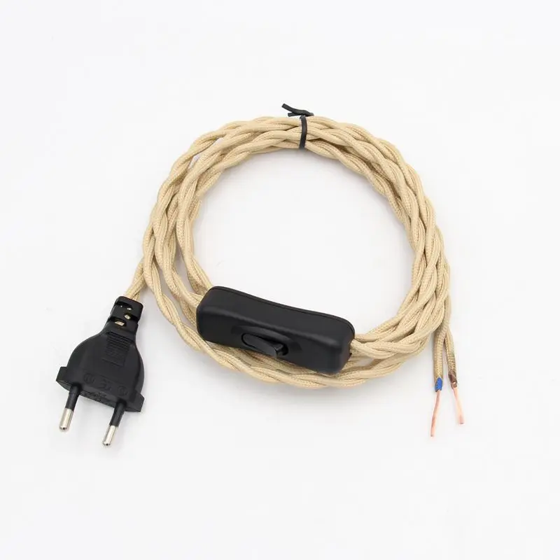 2m 220V AC Vintage Power Cord With EU Plug Line Switch Fabric Covered Twisted Cable Wire For Table Lamp