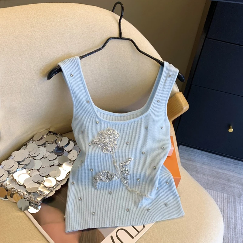 

Новинка: Женский летний вязаный жилет с объемными цветами и стразами, модный, прямой крой, тонкий, без рукавов