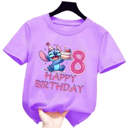 Lilo Stitch Girl urodzinowy T-shirt dla dzieci z krótkim rękawem fioletowe T-shirty urocze letnie ubrania dla dzieci