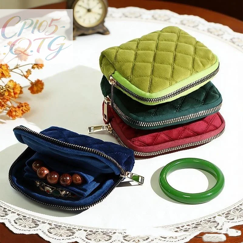 Quilted Velvet Small Jewelry Storage Pouch Sturdy Zipper Soft Lining For Travel Earrings Necklaces Bracelets Storage
