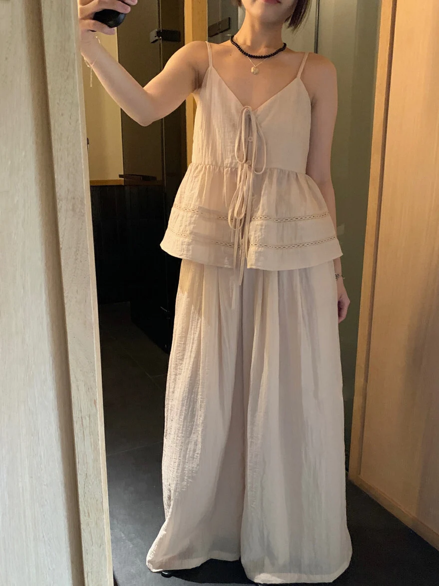 Summer Thin Two-Piece Set Women's Korean Sle Sweet Strapl Belted Loose Casual Pants Comfortable Breathable Faion Set