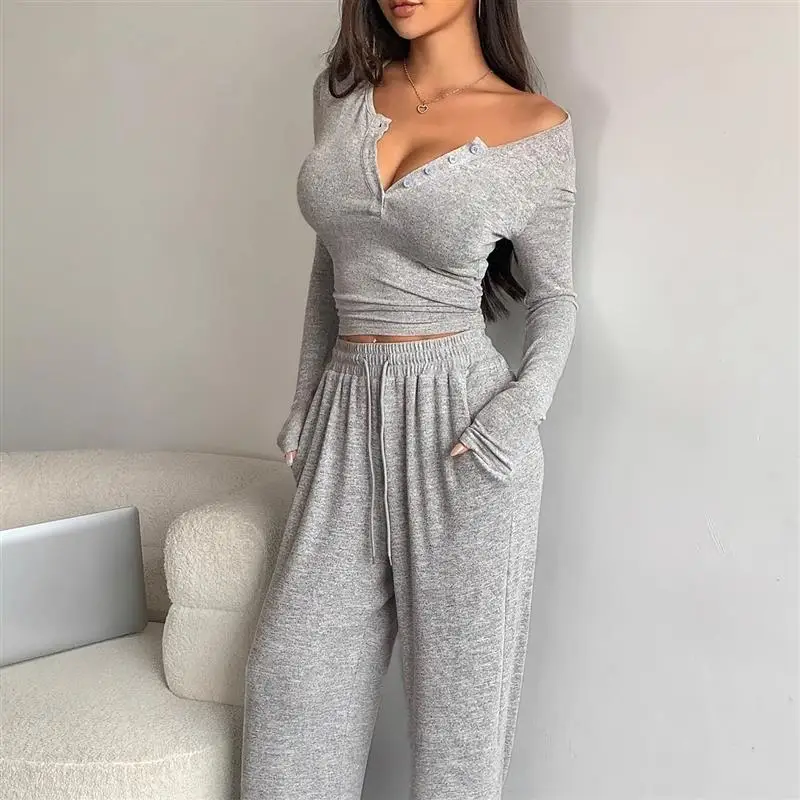 

2024 Autumn New Style Women's Long Sleeve Pure Color Tight Fit Top And Pants Two Piece Set Button Closure Fashionable Ensemble
