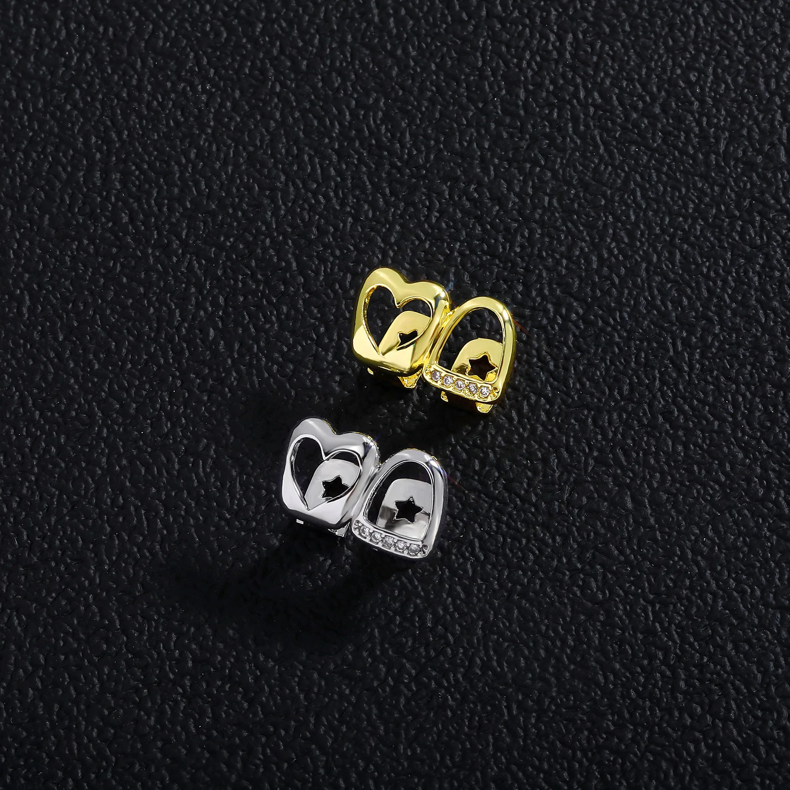 Hip-Hop Doppel-Hohlherz CZ-Stein Grillz Vintage Punk Zirkon Zahnkappen für Zahnspangen Schmuck Geschenk für Männer Frauen – Detail 13
