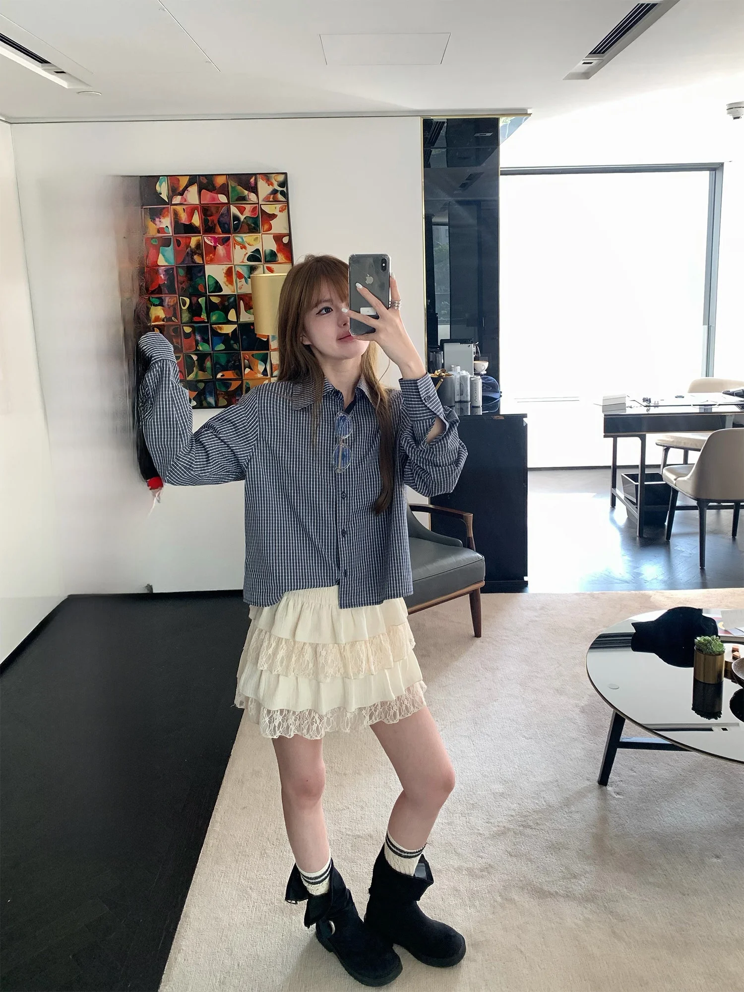 

Синяя свободная женская футболка с длинным рукавом для повседневной носки, серия 2026, новинка, дышащая, весенняя мода