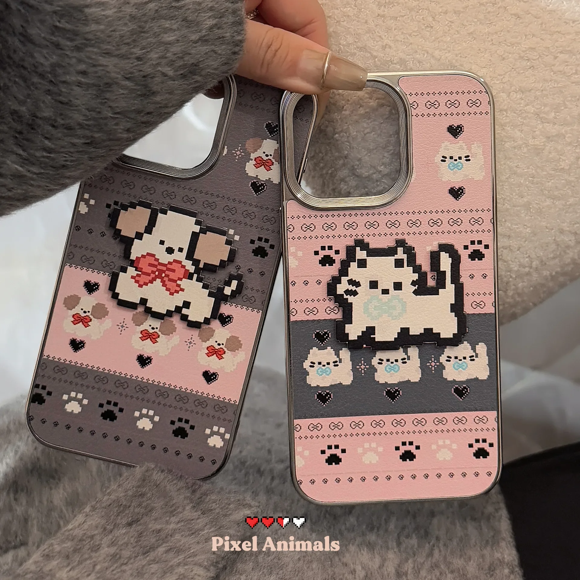 Pet cat puppy pixel stick Plating art Phone case For iPhone 16 15 14 13 12 11 Pro Max Case Cute Luxury Cartoon shockproof Cover