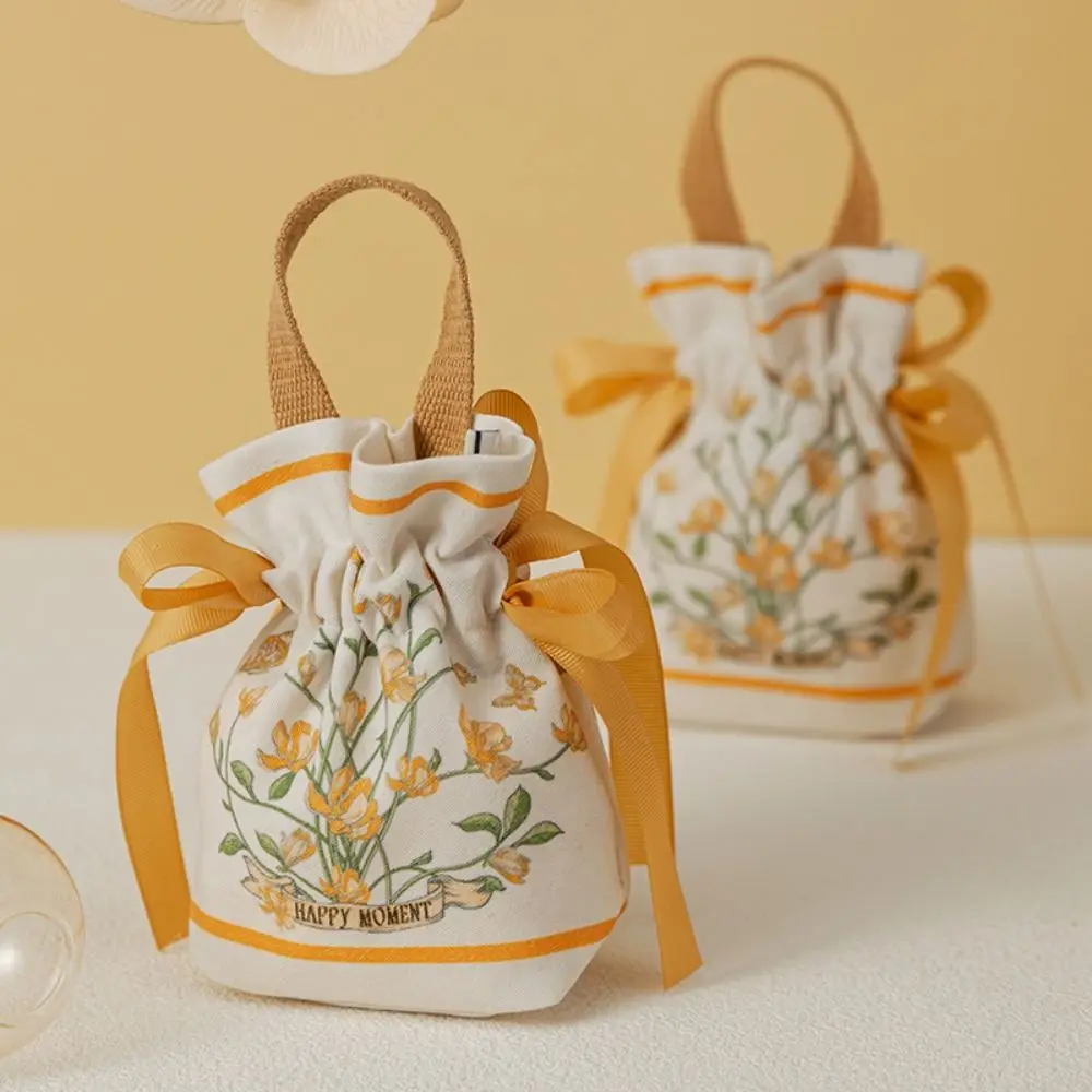Mesh Flower Canvas Floral Drawstring Bag Large Capacity Satin Bow Festive Sugar Bag Korean Style Storage Bag