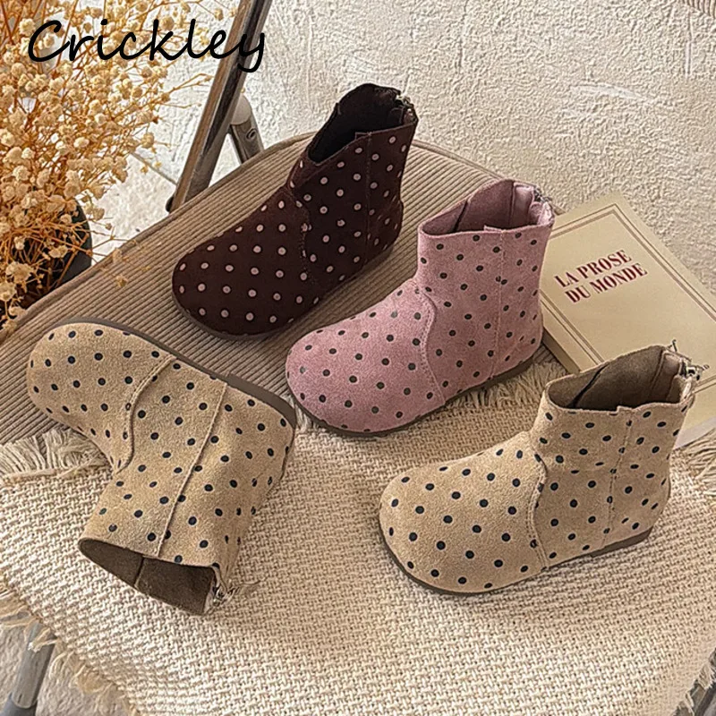 Dot Girls Fashion Boots Suede PU Leather Zip Toddler Kids Ankle Shoes Soft Bottom Non Slip Children Vintage Boots