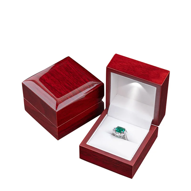 Red Wooden Wedding Ring Pendant Jewelry Box with LED Light Small Trinket Jewellery Gift Storage Display Case