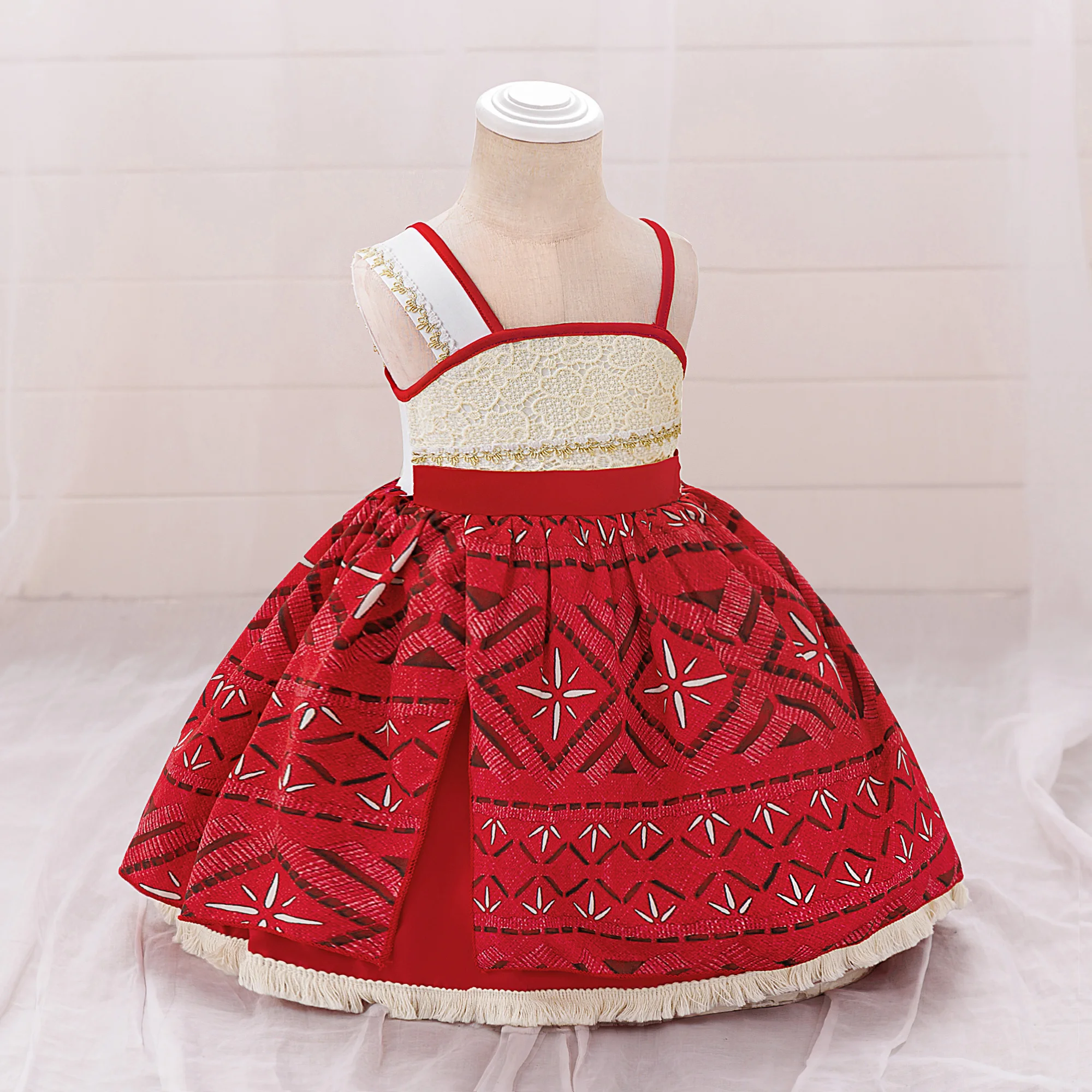 女の子用スパゲッティストラップビーチパーティーパフォーマンスプリントフリンジドレス モアナ風新作サスペンダードレス 女の子用モアナプリンセスドレス ﻿