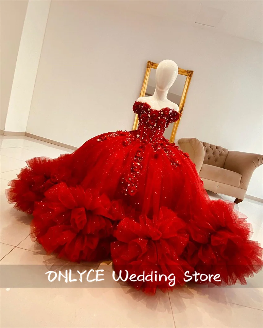 

Exquisite Red Flower Girl Dress For Wedding Ruffles Floral Applique Pearls Crystal Princess Birthday Vestido Customized