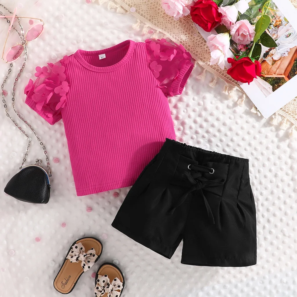 Baby Set For Kid Girl 1-6 Years old Clothess old Clothes Short T-shirt Lace Cutout Tightened Pants Summer Outfit Toddler Set