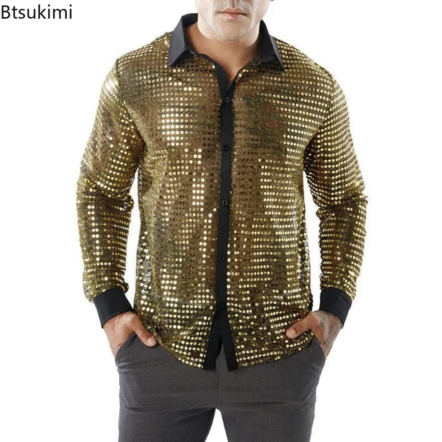 2025 Men's Sparkly Sequins Dance Shirts Vintage 70s Disco Nightclub Long Sleeve Shirt Tops Single Breasted Performance Clothing