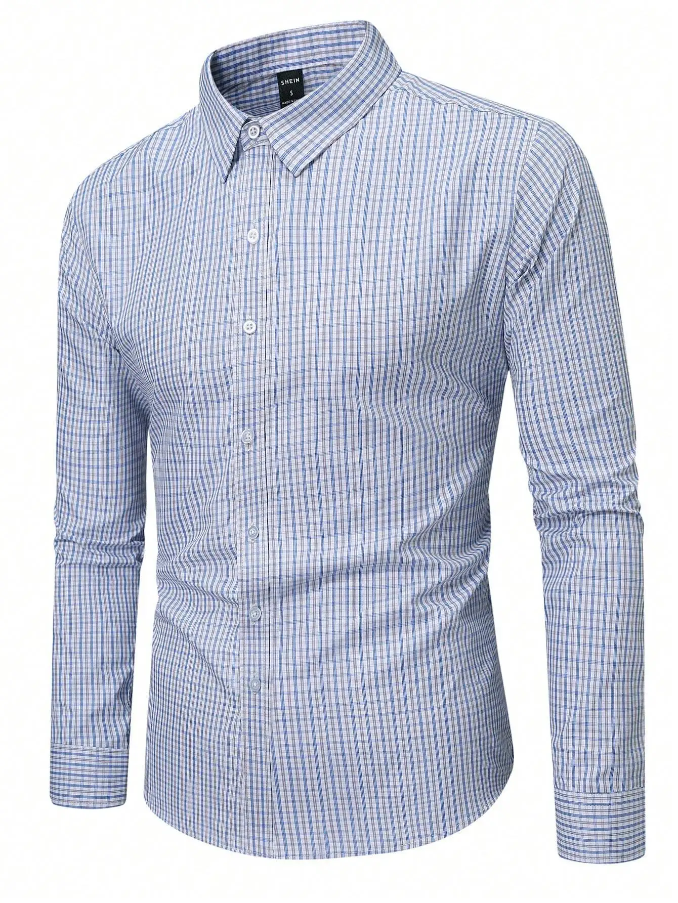 

Men's Blue and White Plaid Long Sleeve Casual Shirt, Slim Fit, Button-Down Collar