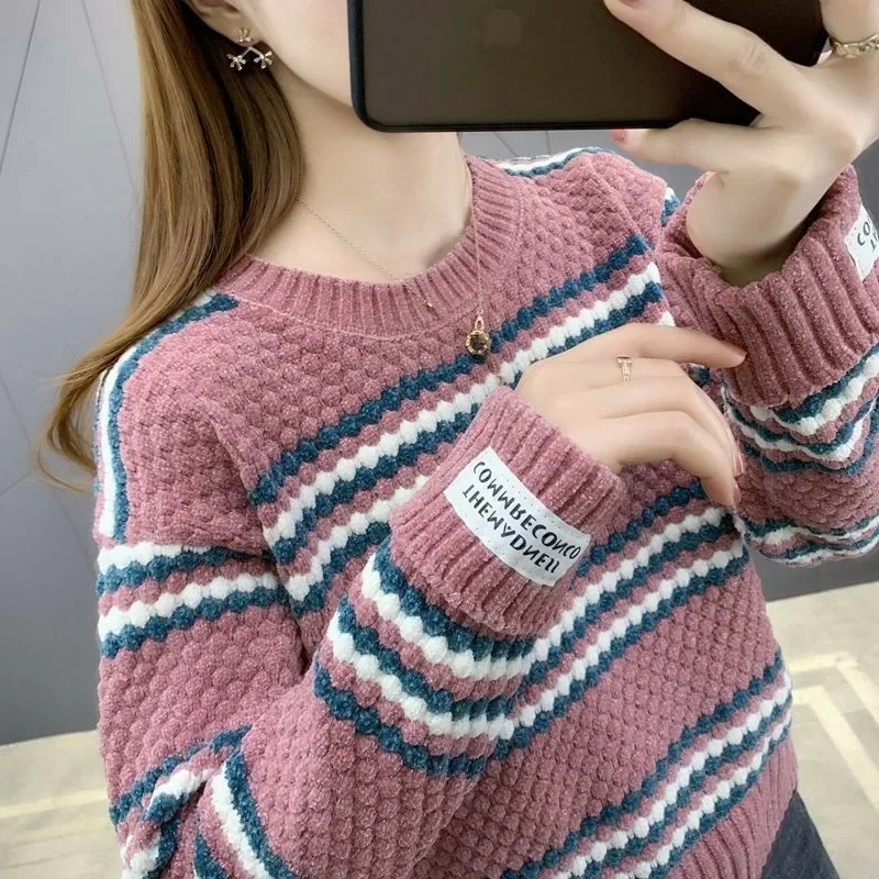 

Soft Waxy Knit Sweater Base Shirt 2024 New Loose Korean Contrast Color Round Neck Pullover Long-sleeved Autumn and Winter Coat