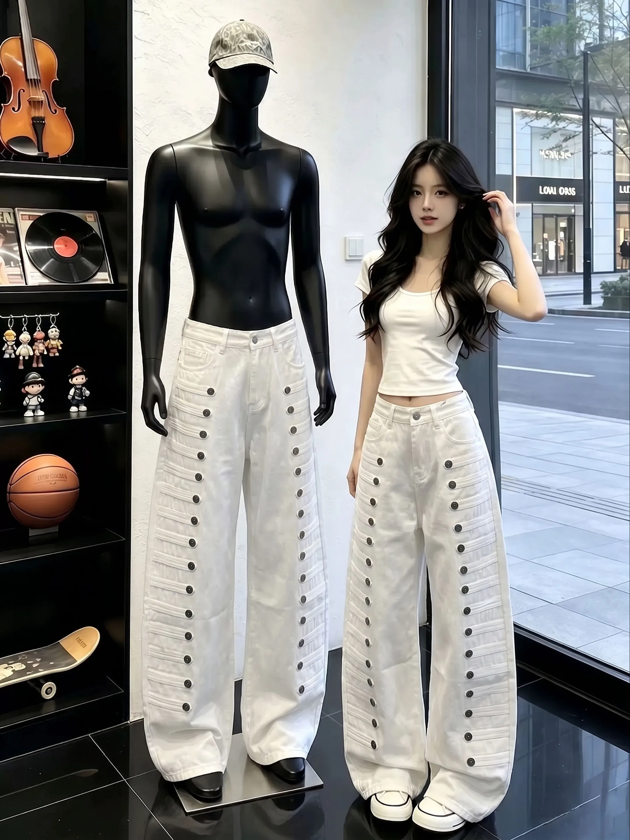 Street Style Metal Buckle Loose Wide Leg Jeans Knife Shape Design Summer New Arrival Women's Casual High Waist Denim Pants