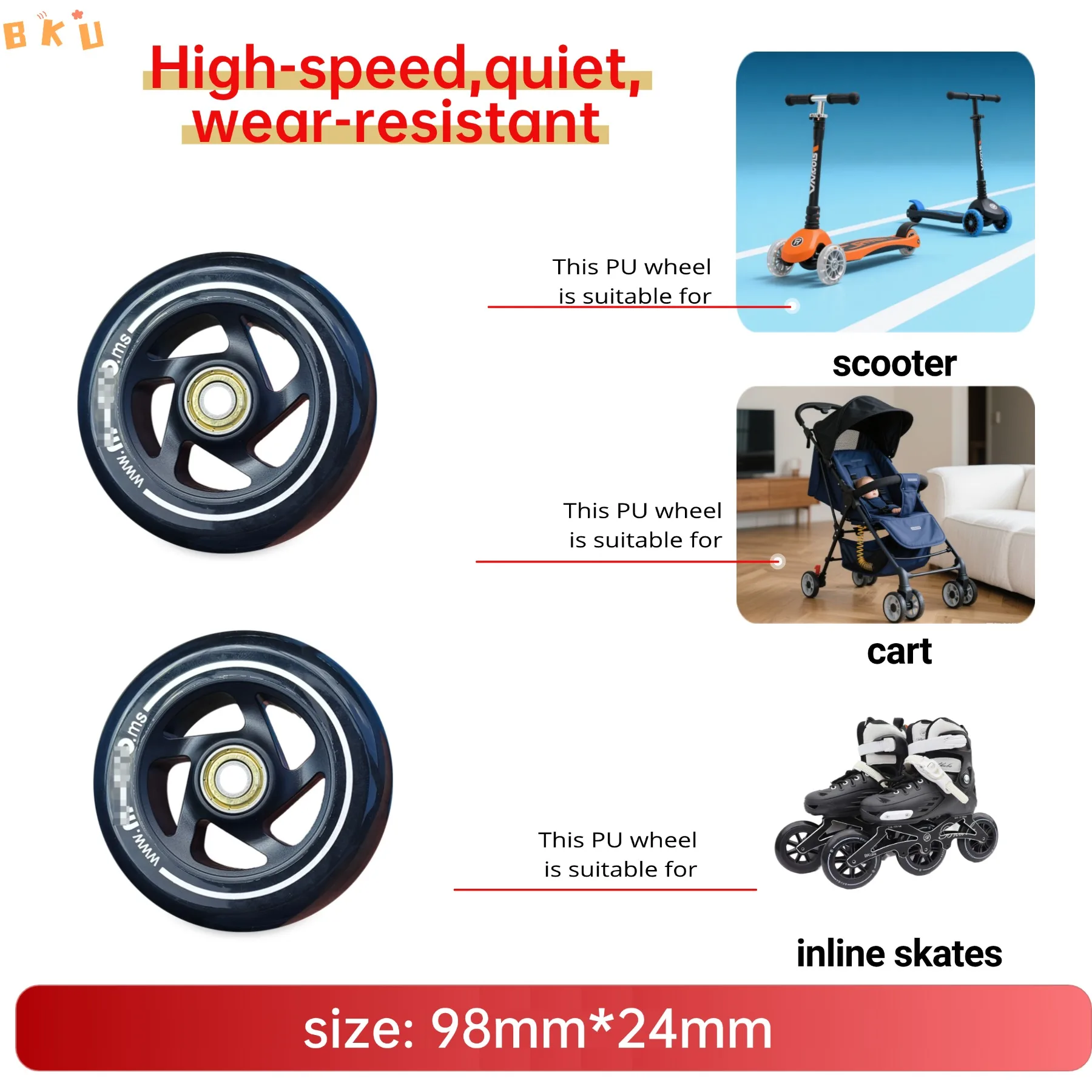 6個 98mm PU 交換用ホイール 大型三輪車 インラインスケート スクーター用 - 大人と子供向けの耐久性のあるローリングホイール